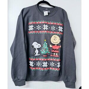 PEANUTS Dark Gray Snoopy & Charlie Brown Long Sleeve Holiday Christmas Women...